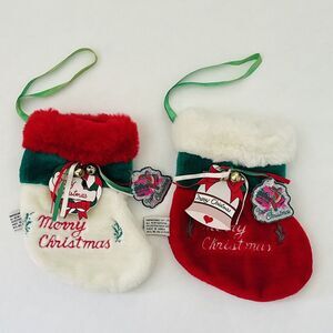 Vtg 80s Lot Christmas Decor Retro Stockings Red White Plush Fur Ornaments Lexony